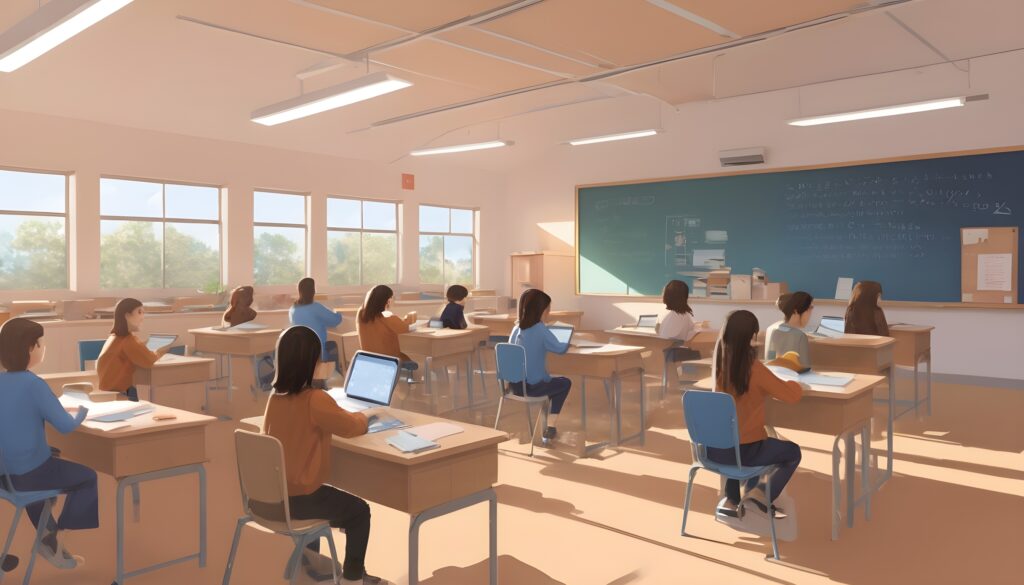 imagine prompt A thought provoking illustration depicting the transformation in education due to AI showing a mix of traditional classroom and virtual learning spaces influenced by the style of Ta